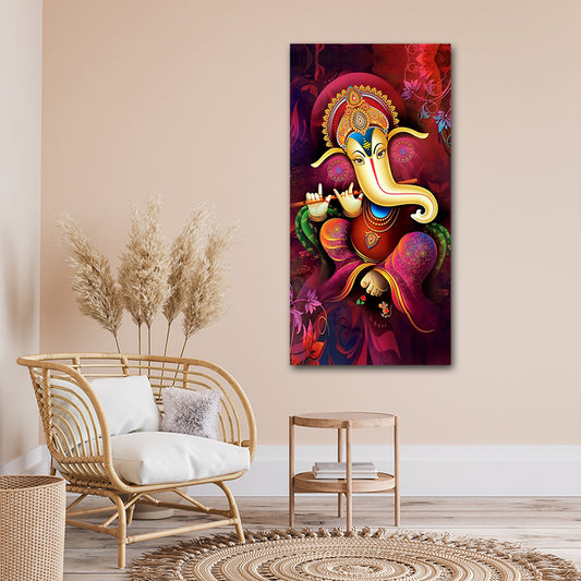 Lord Buddha Canvas Painting Wall Frame | Meditating Lord Buddha Big Large Size Canvas Painting Wall Frame (24x48 Inches) Colorful wall art of a deity on a beige wall above a wicker chair.