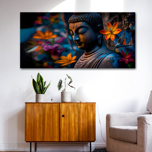 Lord Buddha Canvas Painting Wall Frame | Meditating Lord Buddha | Big Large Size Spiritual Wall Art (48x24 Inches) Framed artwork of a Buddha statue with flowers above a wooden cabinet and chair.