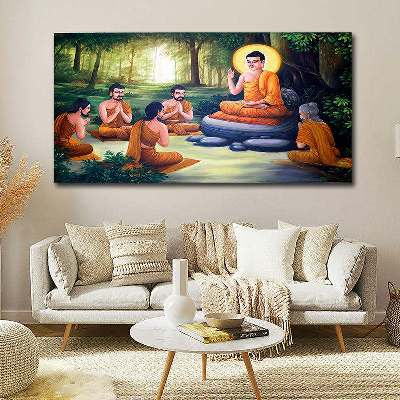Lord Buddha teaching disciples wall painting spiritual canvas wall art for home decor