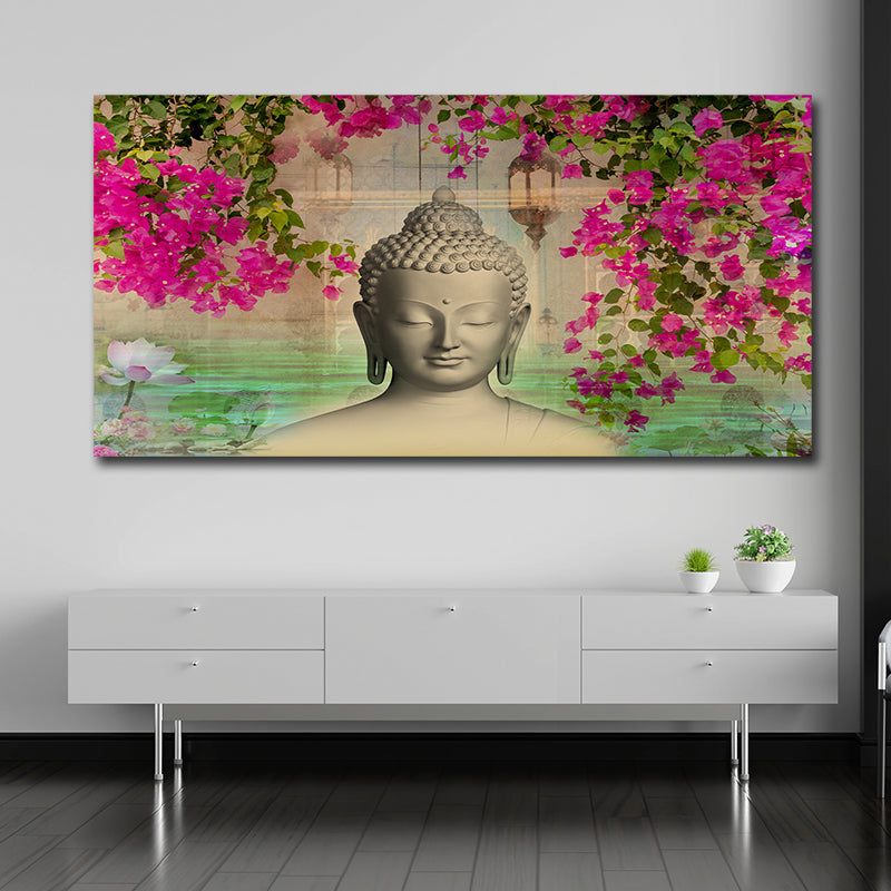 Lord Buddha wall painting with floral background peaceful canvas wall art for home decor