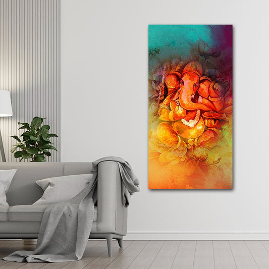 Lord Ganesha Canvas Painting Wall Frame | Ganesh ji Big Large Size Canvas Painting Wall Frame (24x48 Inches) Colorful abstract painting of a deity on a white wall above a gray sofa.
