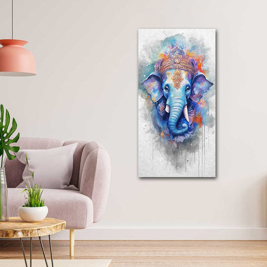 Lord Ganesha Ji Canvas Painting Wall Frame | Big Large Size Canvas Painting Wall Frame (24x48 Inches) Colorful elephant painting on a wall in a living room with a couch and lamp.
