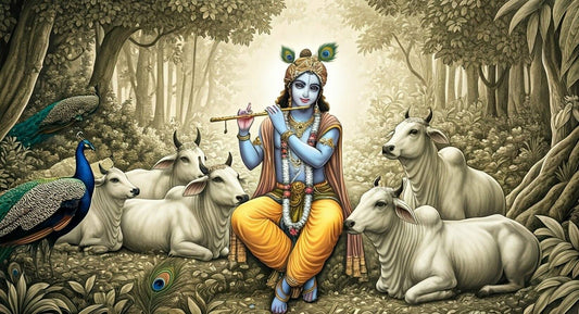 Lord Krishna Blowing Flute | Caw Canvas Painting for Living Room Illustration of a deity playing a flute with cows and peacocks in a forest setting