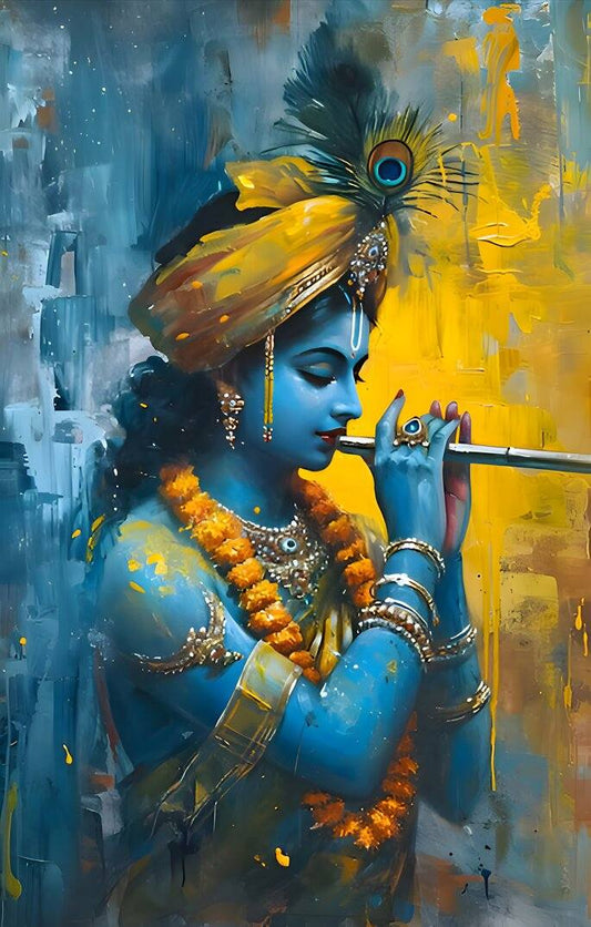 Lord Krishna Canvas Print | Flute Melody Canvas Painting Blue-skinned figure with peacock feather headdress playing a flute against a colorful abstract background