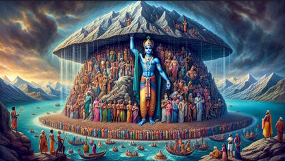 Lord Krishna Hold Mountain | Peel Stick Self Adhesive Wallpaper Stylized depiction of a mountain with a central figure, surrounded by smaller figures and mountains in the background.