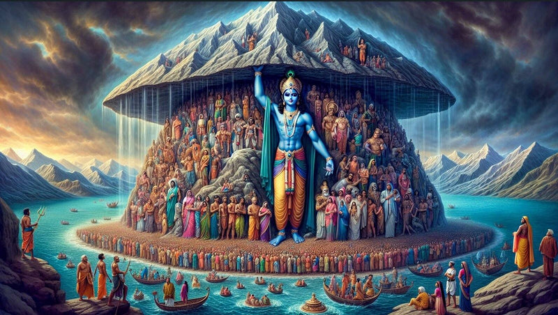 Lord Krishna Hold Mountain | Peel Stick Self Adhesive Wallpaper Stylized depiction of a mountain with a central figure, surrounded by smaller figures and mountains in the background.