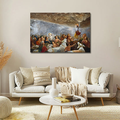 Lord Krishna Painting for Living Room Wall Decoration Holding On Finger Mountain Krishna Canvas Painting Living room with a large painting on the wall above a sofa.