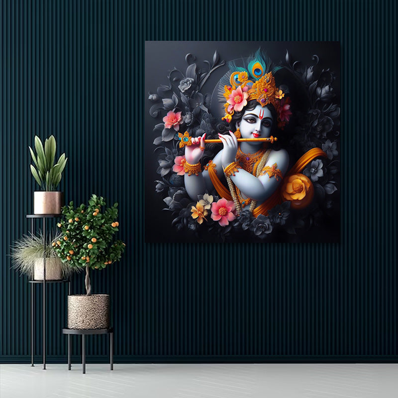 Lord Krishna Wall Painting with Flute – Divine Krishna Canvas Wall Art