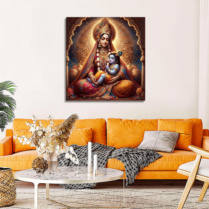 Lord Krishna With Yashoda Mata Canvas Painting Wall Frame | Childhood Lord Krishna Canvas Painting Frame Living room with an orange sofa, decorative pillows, a coffee table with a vase and candles, and a large wall art piece of a religious figure.