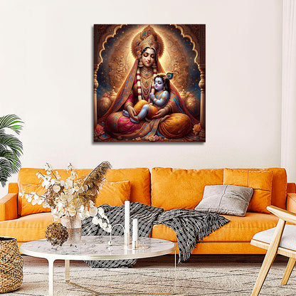 Lord Krishna With Yashoda Mata Canvas Painting Wall Frame | Childhood Lord Krishna Canvas Painting Frame Living room with an orange sofa, decorative pillows, a coffee table with a vase and candles, and a large wall art piece of a religious figure.