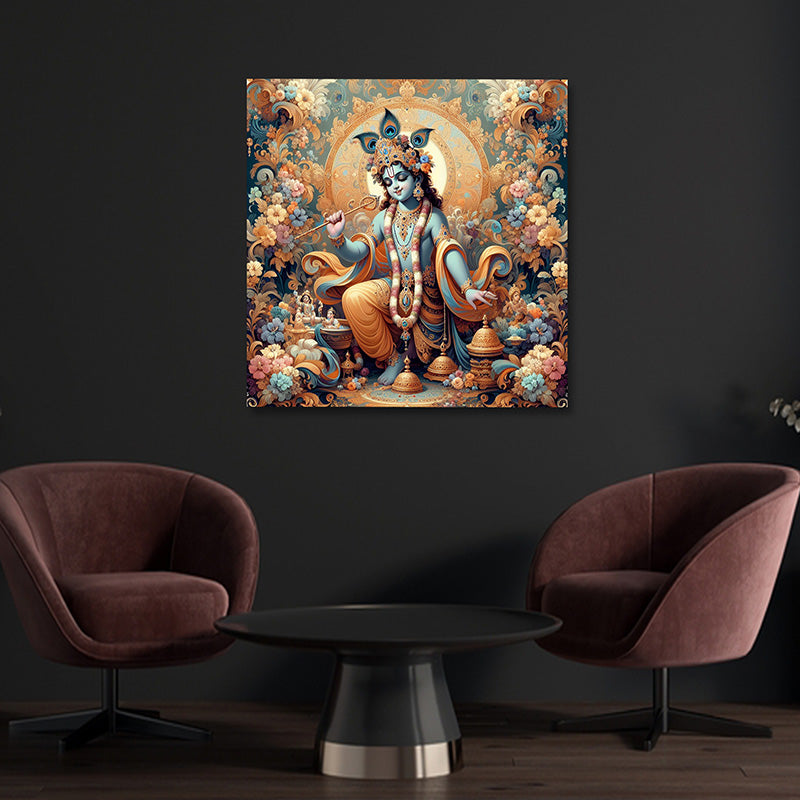 Lord Krishna floral mandala divine canvas wall painting