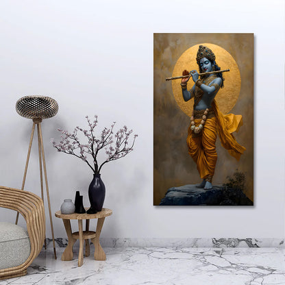 Lord Krishna flute playing wall art canvas with golden halo spiritual painting