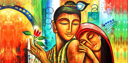 Lord Radha Krishna Art Wallpaper for Living Room Theme Artistic depiction of a woman holding a flower next to a child, with a colorful abstract background.