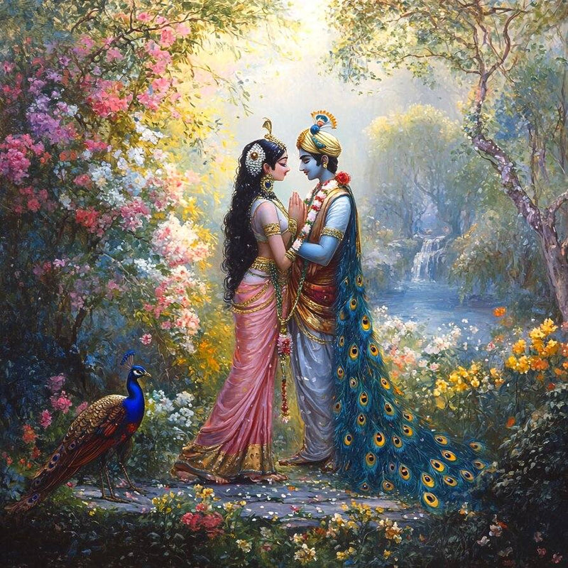 Lord Radha Krishna In Forest Wallpaper for Living Room Decor Two figures in traditional attire standing in a garden with flowers and a peacock.