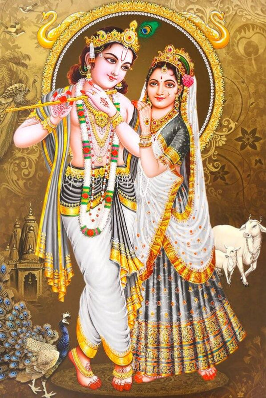 Lord Radha Krishna Wall Frame Art | Radha Krishna Canvas Painting Decorative image of a traditional Indian couple with intricate jewelry and attire, set against a richly detailed background.