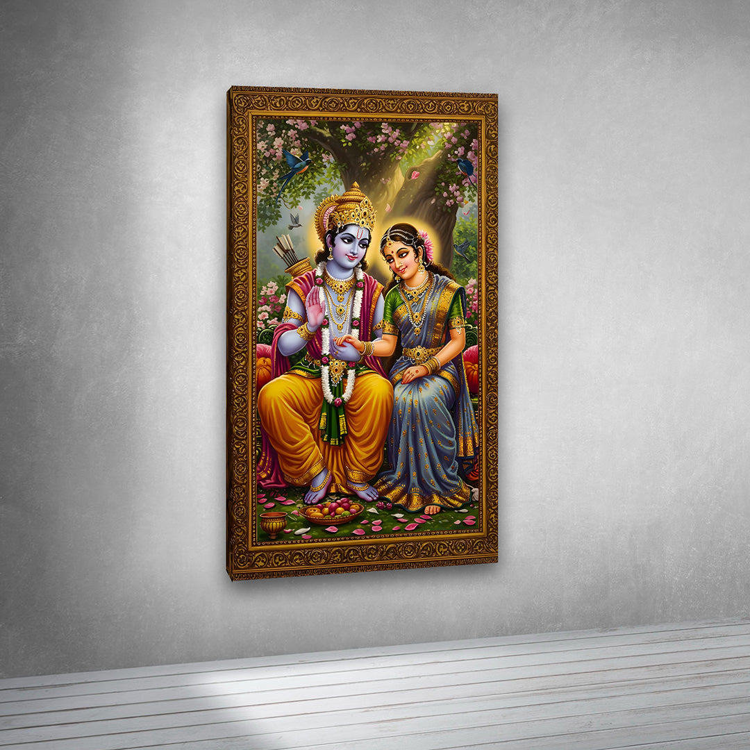 Lord Ram Sita canvas wall painting large size temple wall decor with ornate border