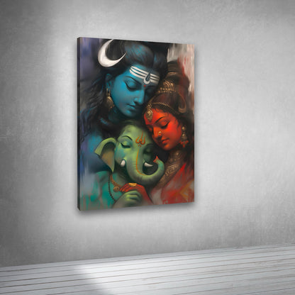Lord Shiva Parvati and Ganesha canvas painting religious wall decor for living room