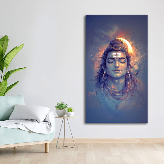 Lord Shiva crescent moon meditation canvas painting divine Mahadev wall art for home and temple decor