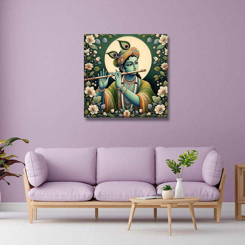Lord krishna Canvas Painting Frame Abstract Wall Art for Wall Decor | Krishna Canvas Painting Frame (24x24 Inches)
 Decorative wall art of a deity playing a flute on a purple wall above a lavender sofa.