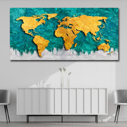 Luxury gold world map abstract canvas wall painting with teal textured background for large living room and office wall decor World map artwork on a wall above a white console table.