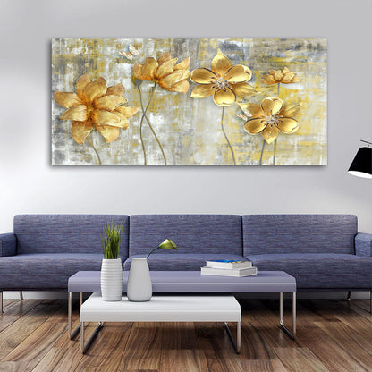 Luxury golden floral canvas wall art for modern living room decor