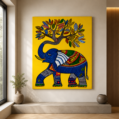 Colorful folk art elephant canvas painting with decorative tree for modern interiors