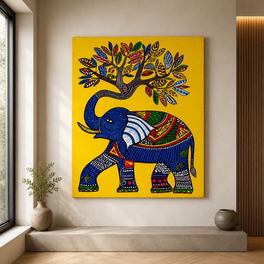 Colorful folk art elephant canvas painting with decorative tree for modern interiors