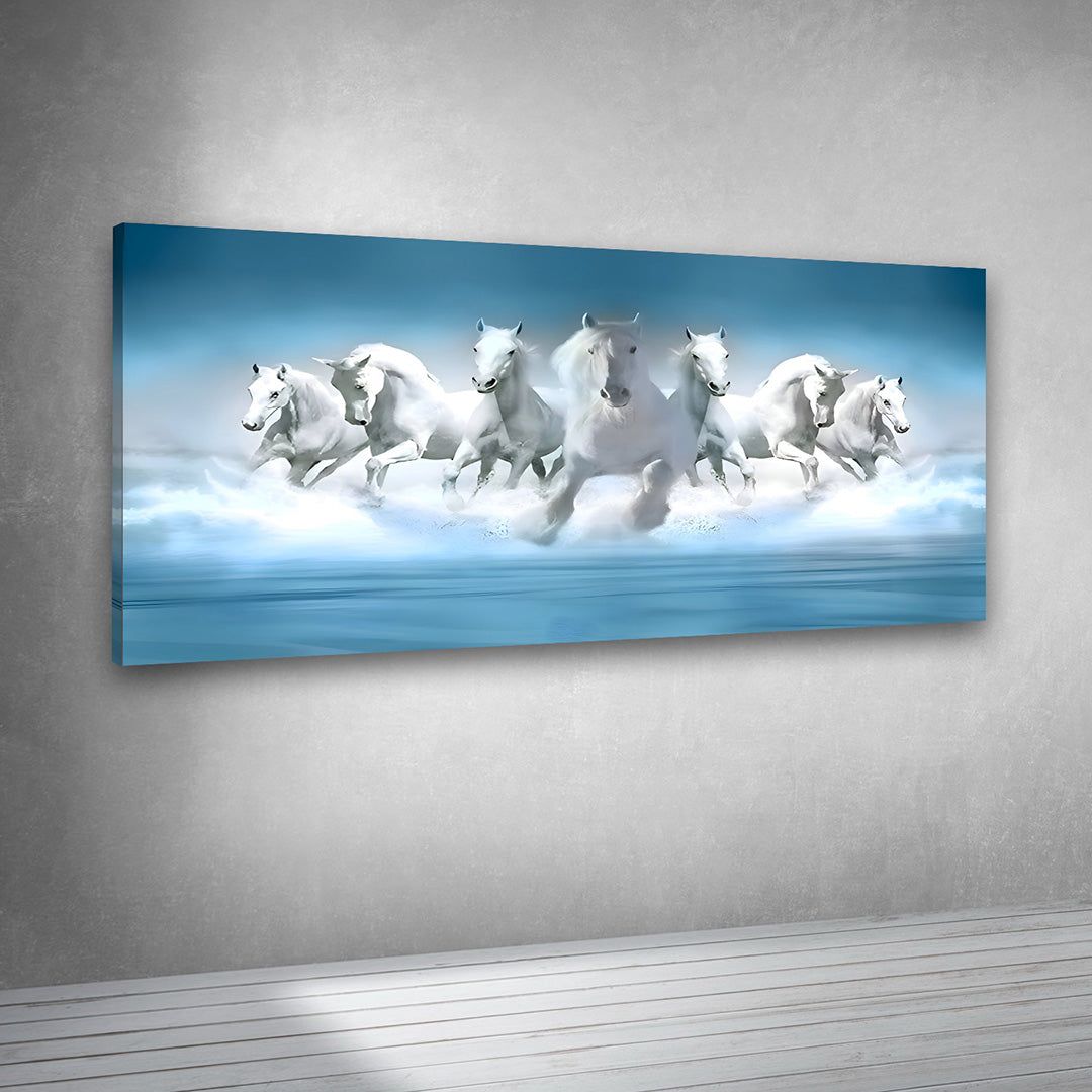 Running white horses artwork canvas print for contemporary interiors
