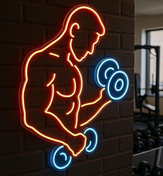 Man Dumble in Hand Neon Sign | Custom Neon Sign | Neon for Gym Wall Decor Neon sign of a muscular figure lifting weights on a brick wall.