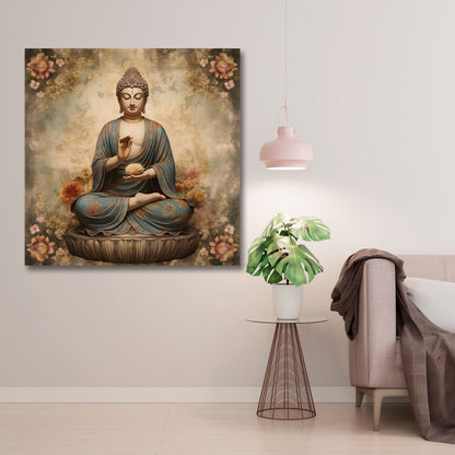 Meditating Buddha floral canvas wall painting with calm expression and lotus pose for living room and meditation decor Decorative interior with a Buddha painting, plant, and chair.