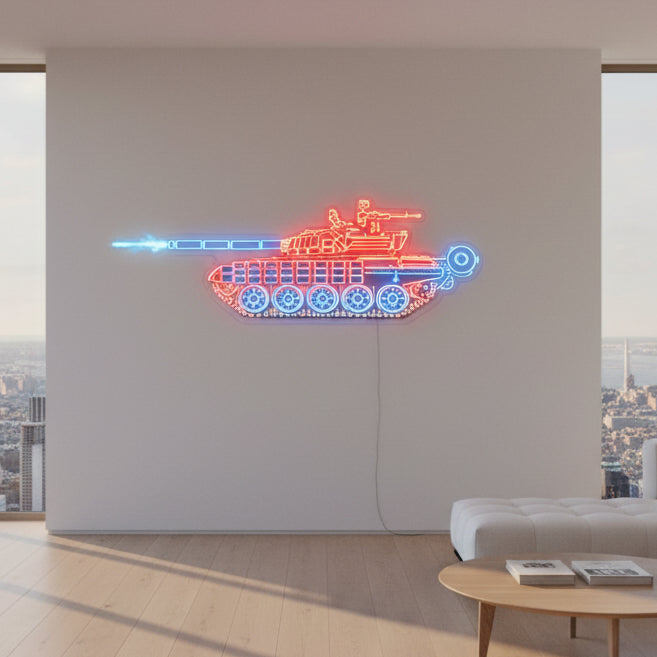 Modern battle tank LED neon light for man cave, gaming setup, and military-themed wall decoration