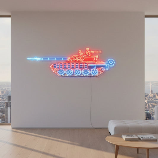 Modern battle tank LED neon light for man cave, gaming setup, and military-themed wall decoration