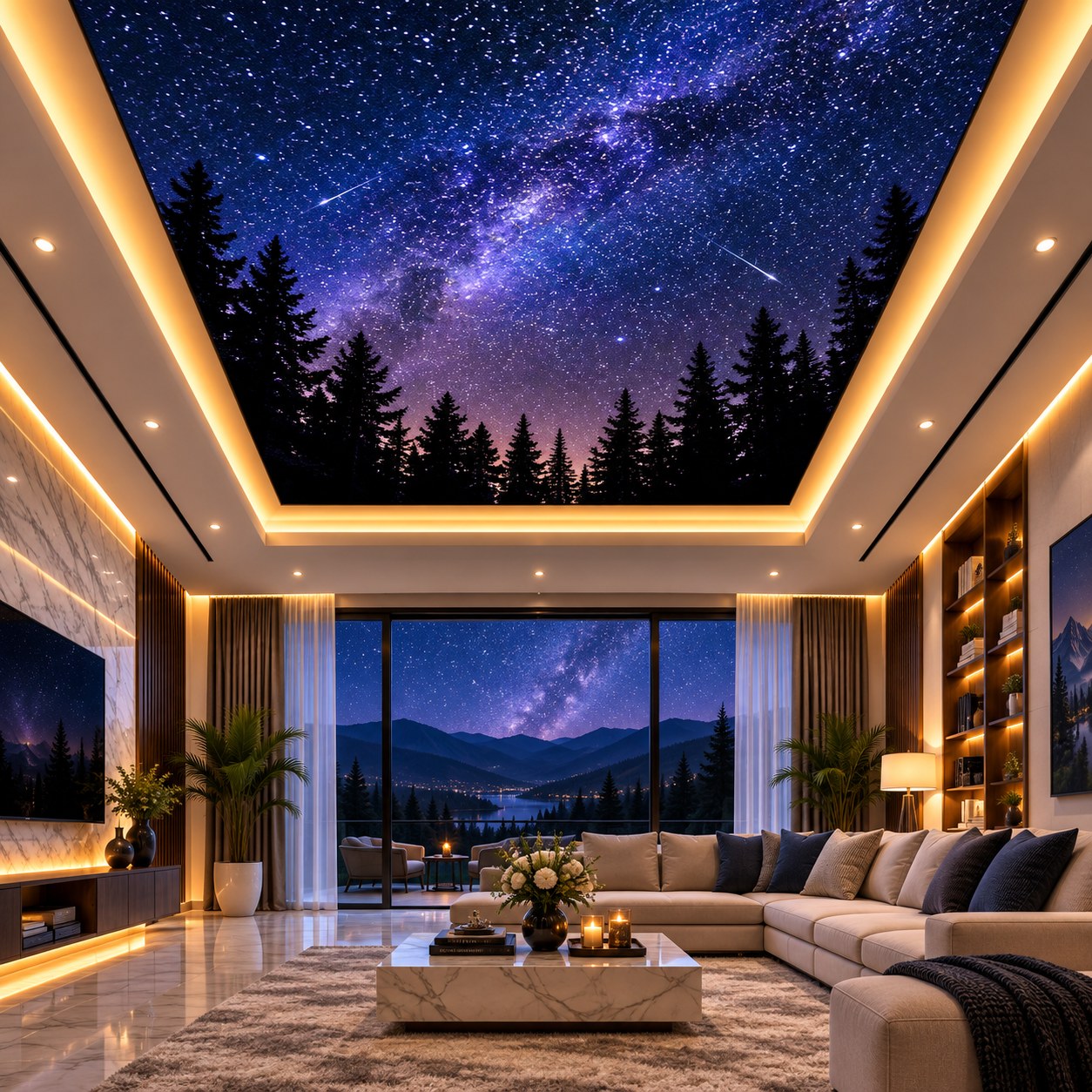 Recessed illuminated false ceiling featuring a galaxy night sky above a modern living room