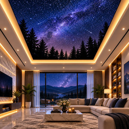 Recessed illuminated false ceiling featuring a galaxy night sky above a modern living room
