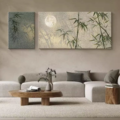Contemporary bamboo and full moon canvas artwork for living room and bedroom decor 