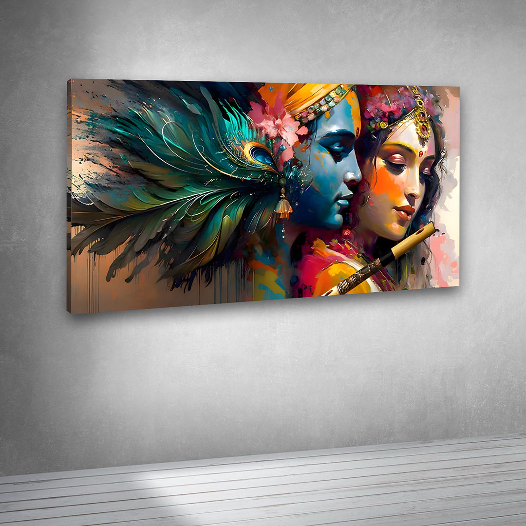 Modern Radha Krishna canvas painting with flute romantic wall decor for living room