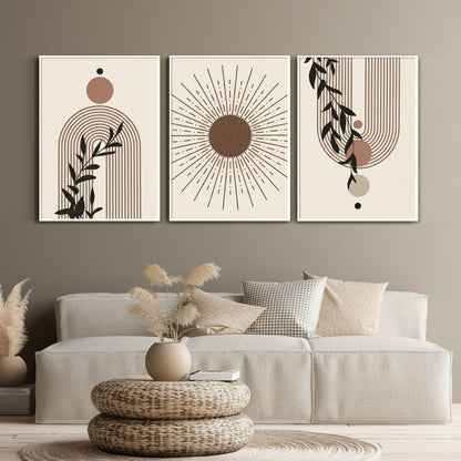 Minimalist boho triptych canvas wall decor with botanical line art and abstract sun illustration