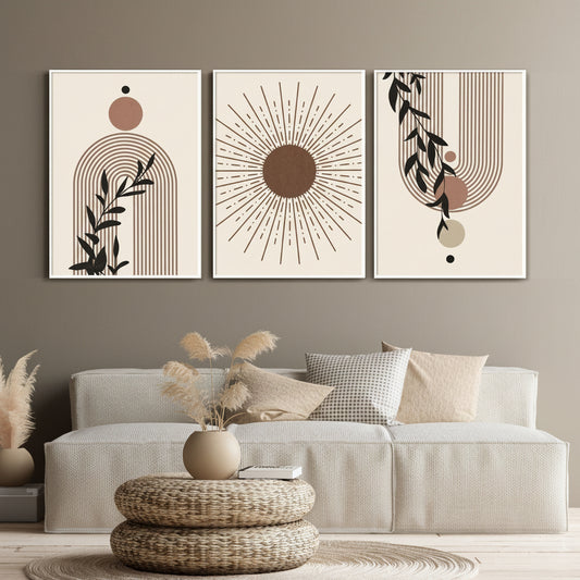 Minimalist boho triptych canvas wall decor with botanical line art and abstract sun illustration