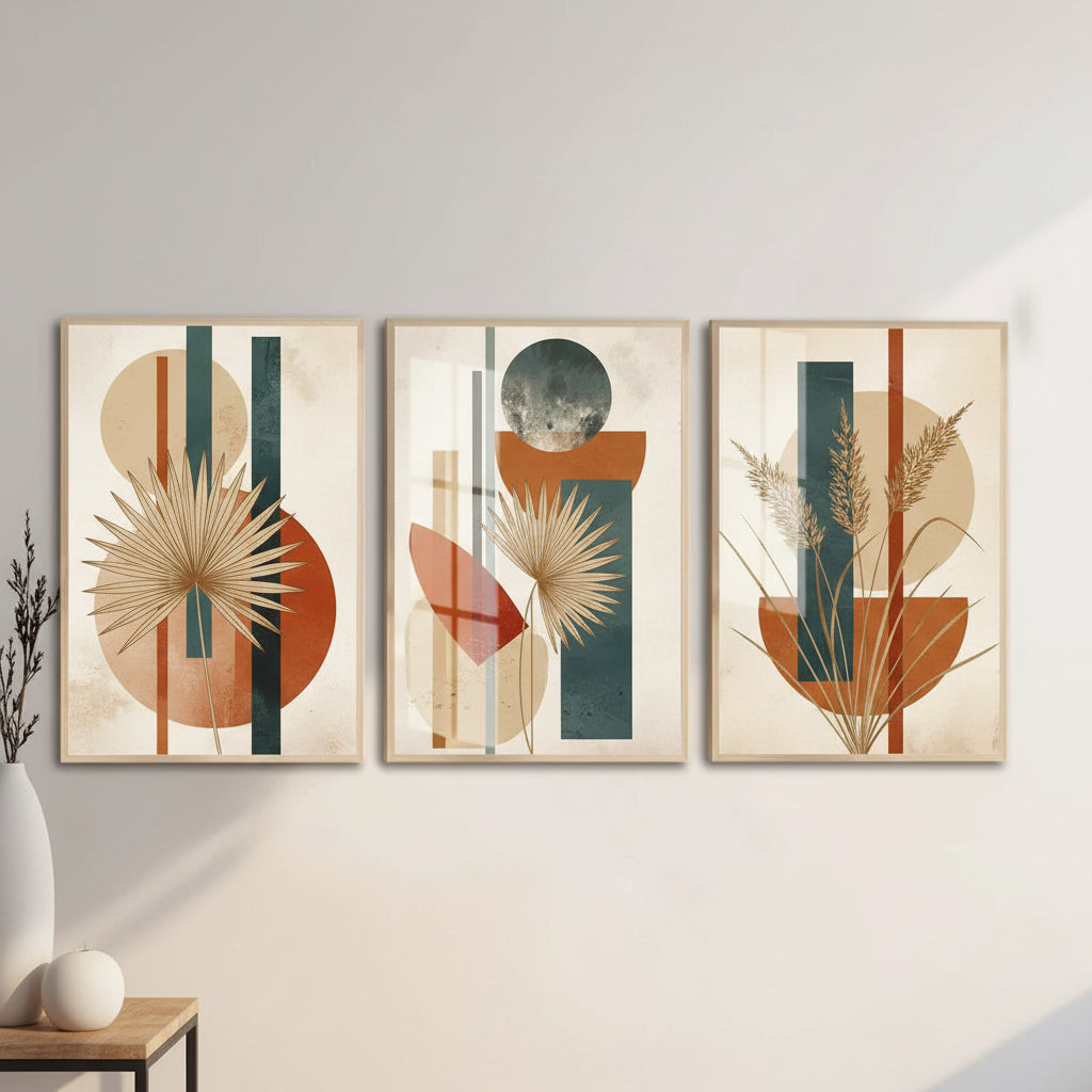 Contemporary beige abstract canvas prints with botanical pampas grass artwork