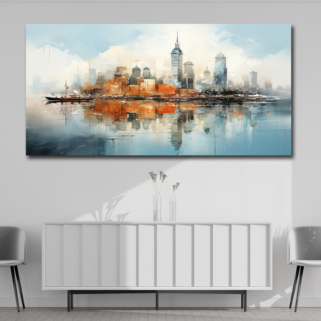 Modern abstract cityscape panoramic canvas wall painting with skyline reflection for large living room and office wall decor Cityscape painting on a wall above a white console table.