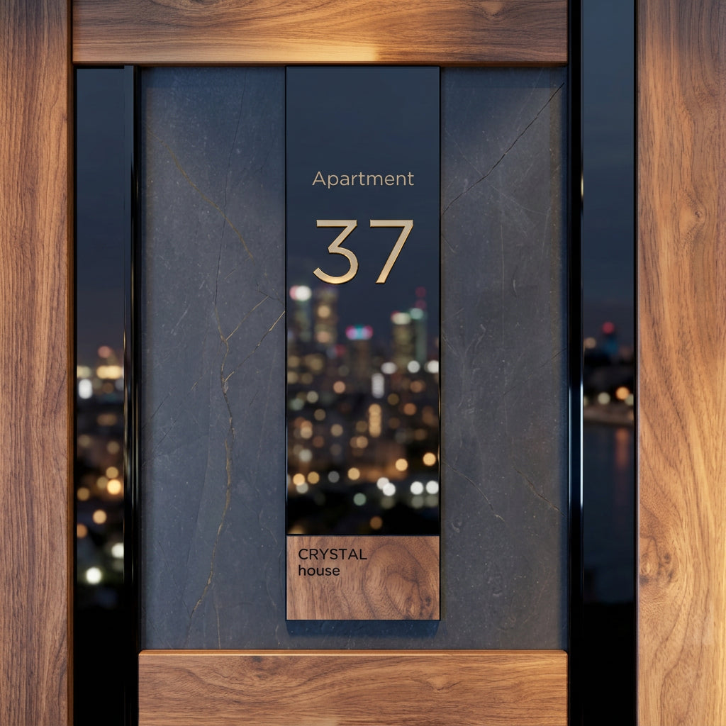 Contemporary apartment door number sign featuring gold 3D numerals on a black plaque with a natural wood accent, mounted on a luxury stone entrance wall.