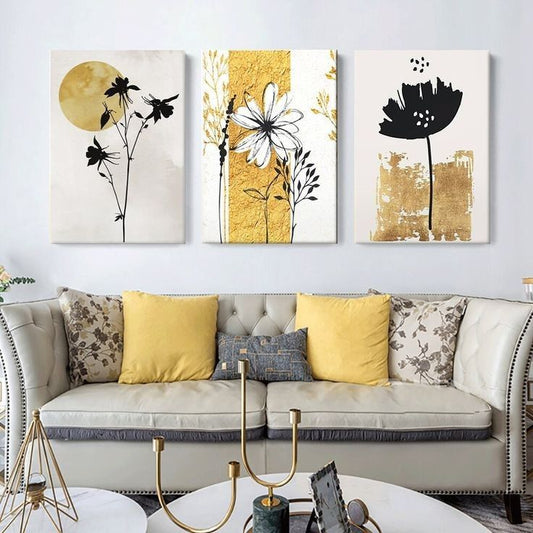 Elegant minimalist floral canvas prints with black flowers and gold abstract accents