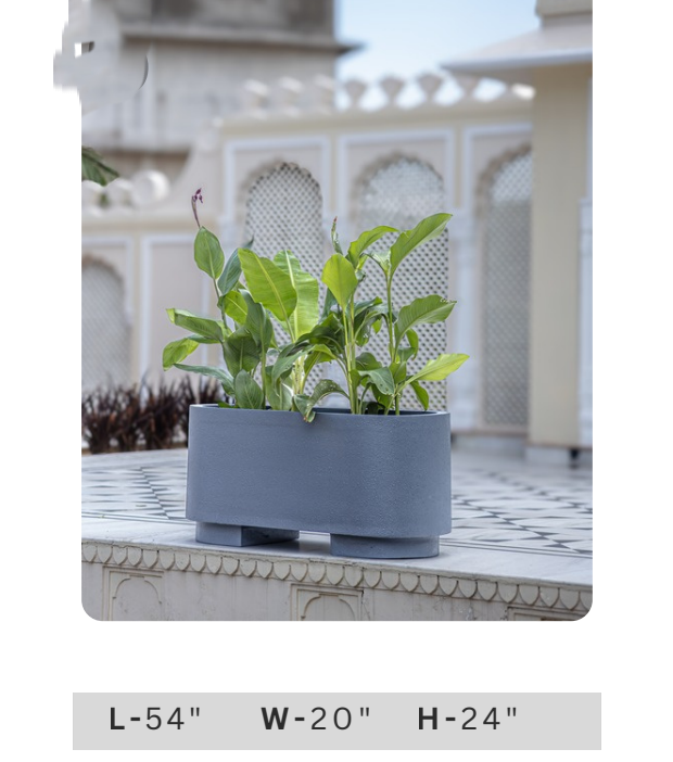 Large blue grey trough planter with raised base for balcony, patio, entrance, terrace and modern landscape styling.