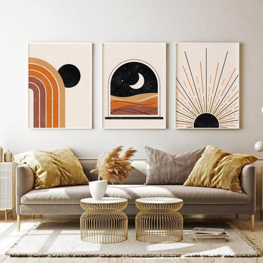 Three-panel abstract celestial canvas artwork for modern living room and bedroom décor