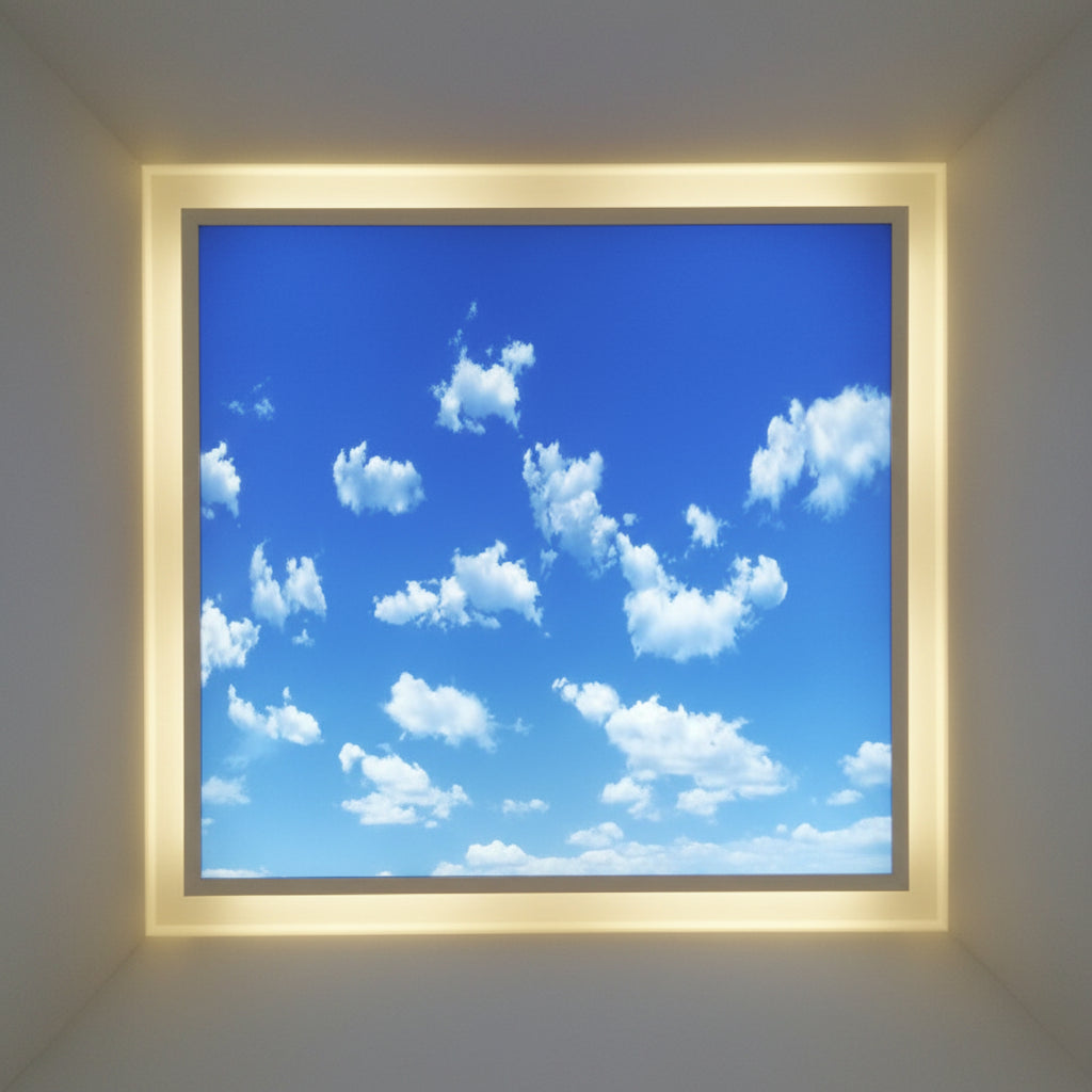 Modern commercial ceiling with square LED light panels and soft illumination