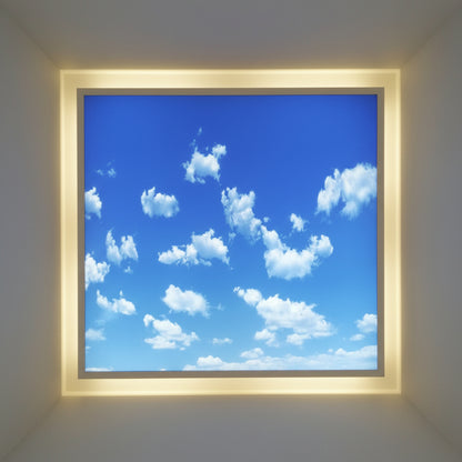 Modern commercial ceiling with square LED light panels and soft illumination