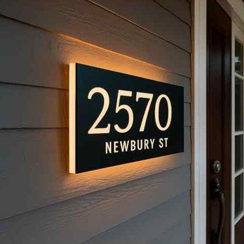 Premium black LED address plaque with large white house numbers and street name, warm halo lighting and contemporary wall-mounted design.