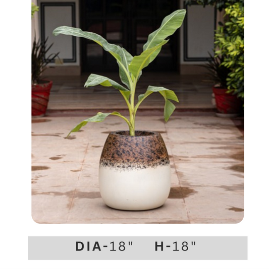 18 inch decorative round planter with white and brown textured finish for balcony, patio, entrance and indoor plant styling