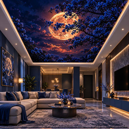3D moon ceiling mural with illuminated orange moon, silhouetted tree and scenic night sky for living room and bedroom interiors.