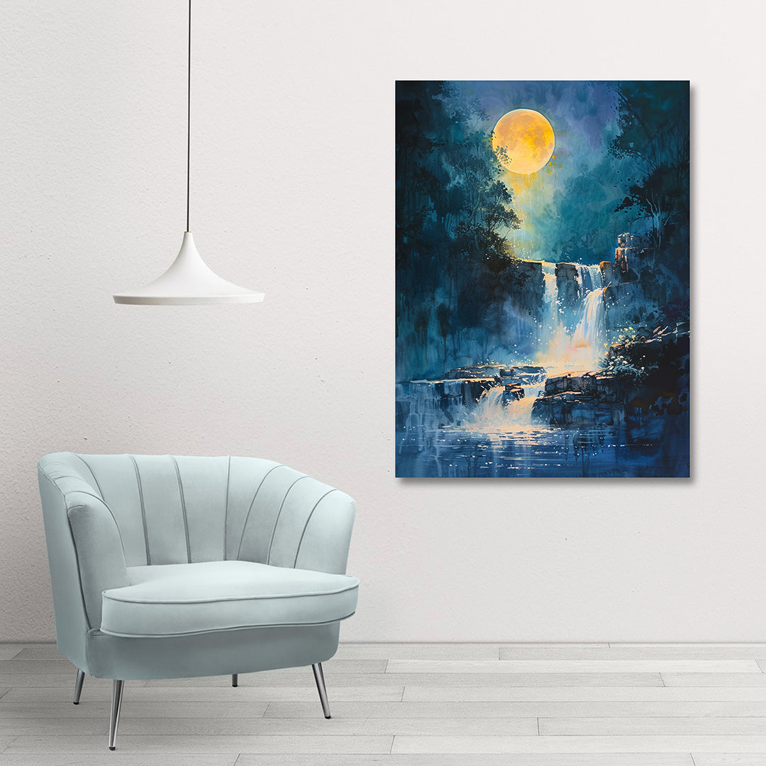 Moonlit waterfall landscape canvas painting peaceful nature wall art for living room decor